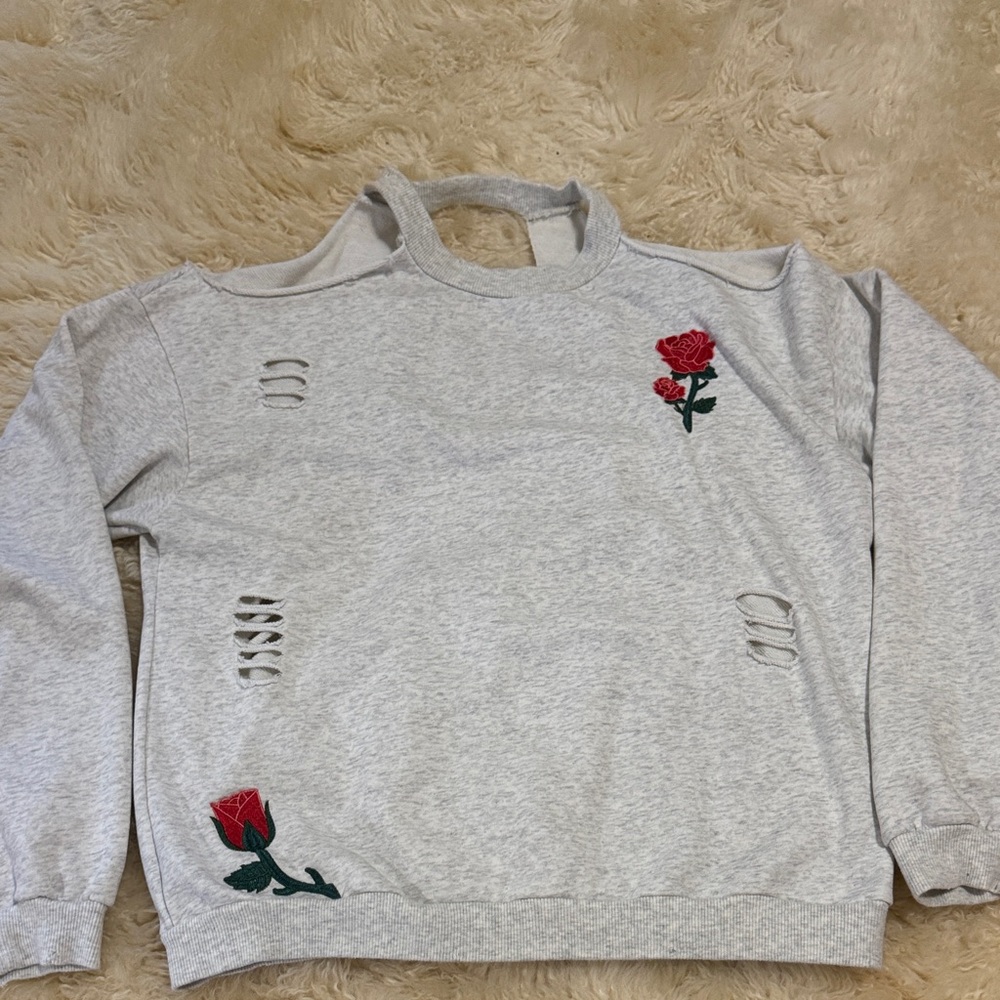 Honey Punch Light Gray Off-the-Shoulder Sweater with Red Rose Embroidery